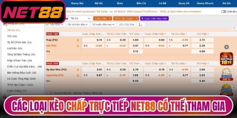 Những loại kèo chấp trực tiếp Net88 có thể tham gia